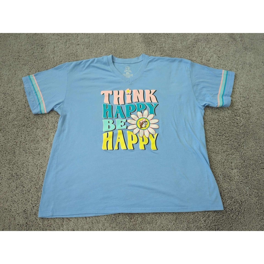 Buc-ee's Shirt Womens 2XL Blue Think Happy Be Happy V-Neck Graphic Tee Pastel